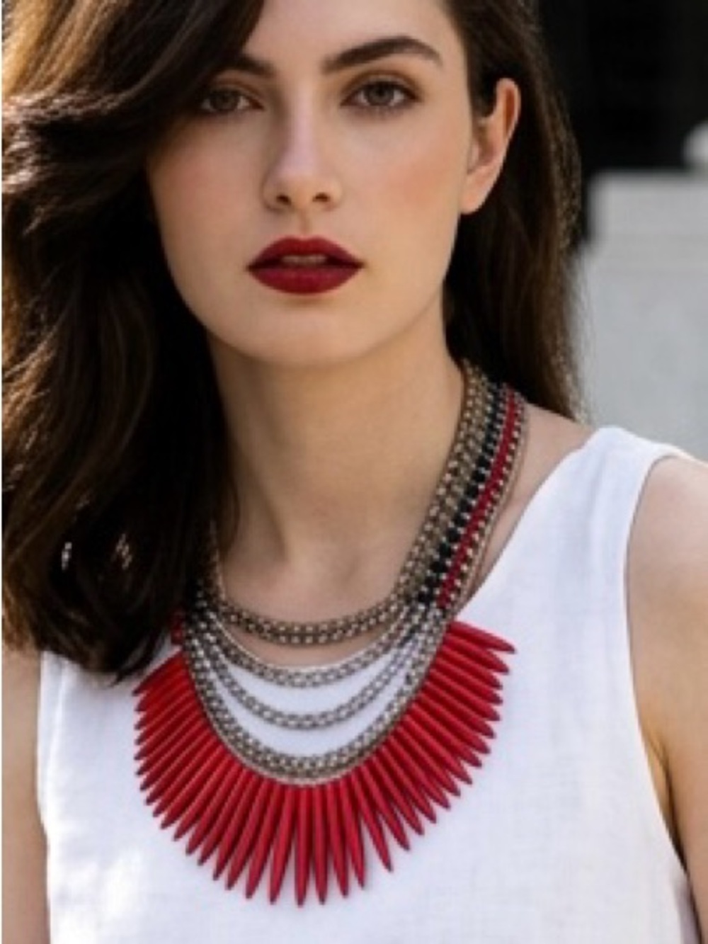 Sara Designs NY Red Spike & Woven Leather Statement Necklace - 24”